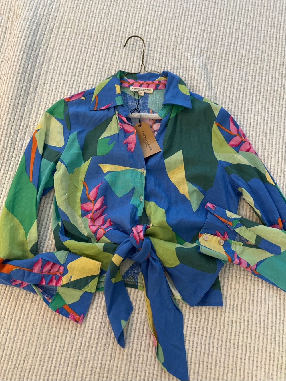 Christian Siriano Multicolor Floral Tie-Front Top in Blue, Pink and Green